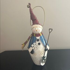 Festive Snowman Lantern Blue Coat metal whimsical decoration winter wonderland